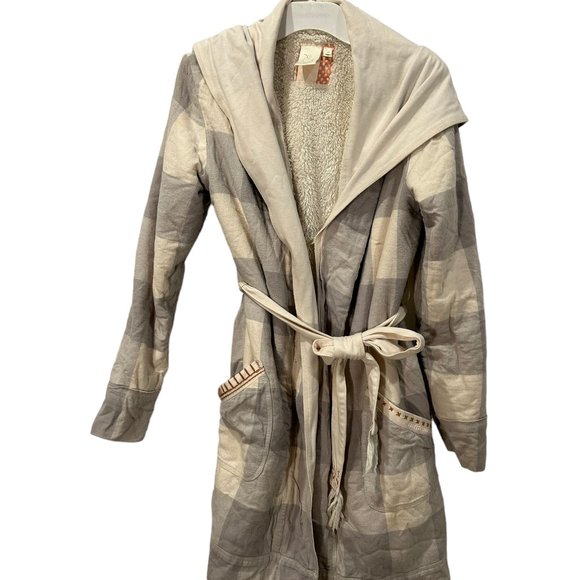 ANthropologie Eloise gray cream large plaid fuzzy lined short bath robe cozy - Picture 1 of 5